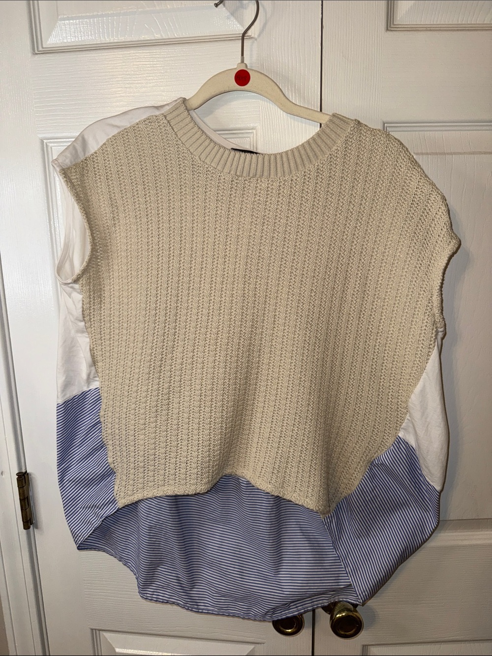 Zara Cream Knit Overlay Blue-Striped Shirt Blouse